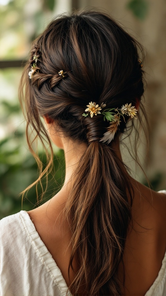Boho-inspired low ponytail hairstyle with flowers and loose waves