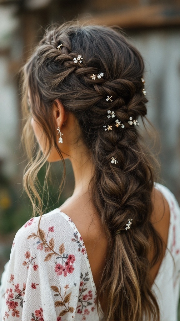 Half-up bridesmaid hairstyle featuring boho braids and delicate hairpins