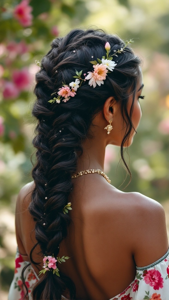 A beautiful boho braid hairstyle adorned with flowers and mehndi designs, perfect for bridesmaids.
