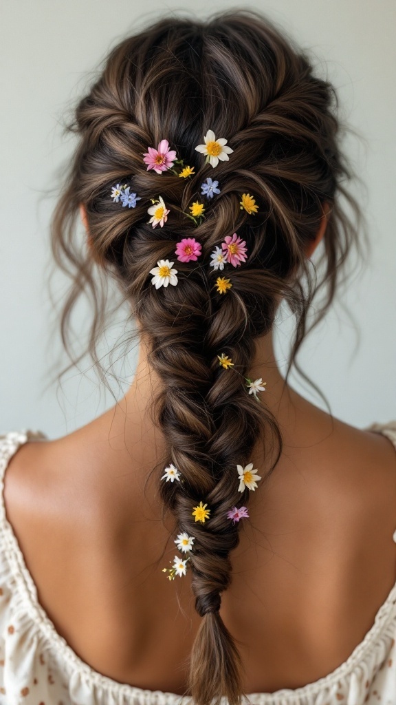 Braided updo hairstyle adorned with small flowers.