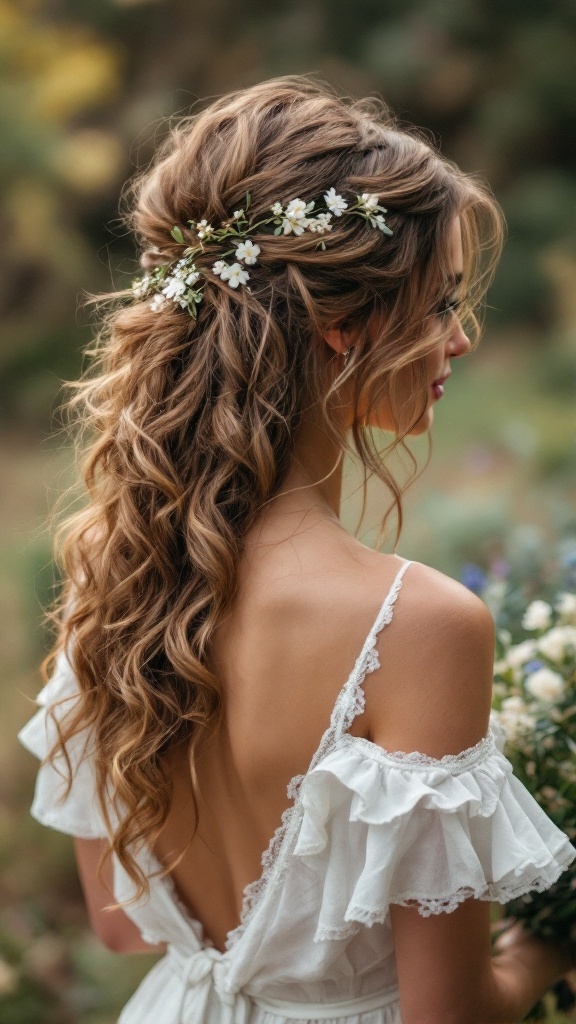 Bridesmaid hairstyle featuring boho chic loose curls with floral accents