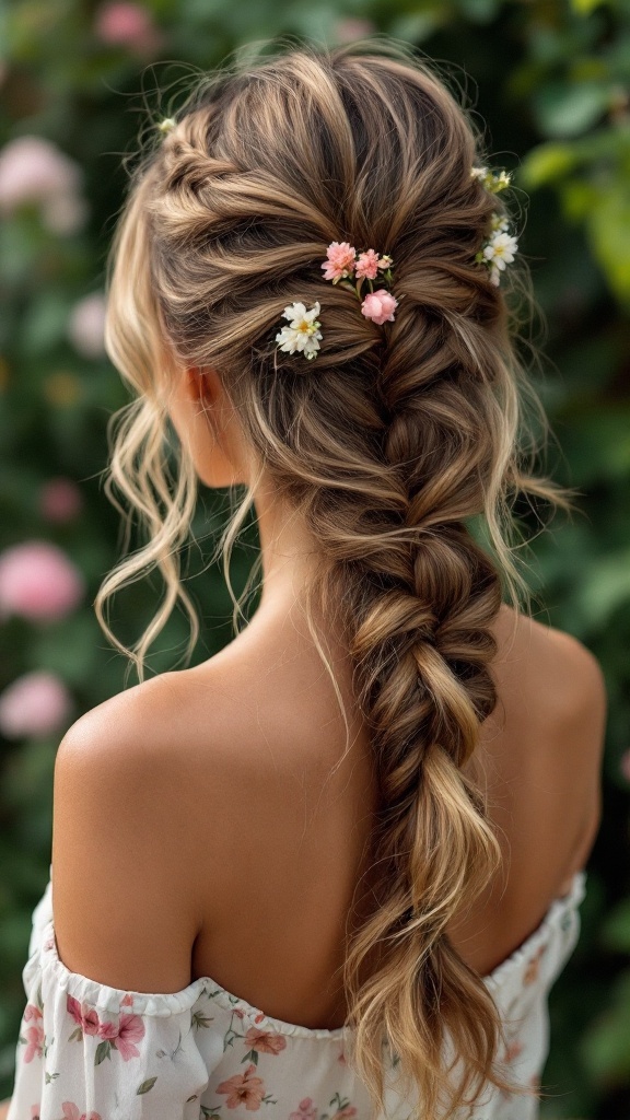 A Boho Chic Side Braid hairstyle adorned with small flowers