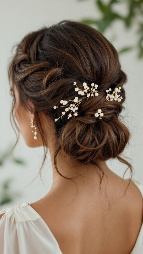 A stylish boho chic twisted half-updo hairstyle with floral accessories.