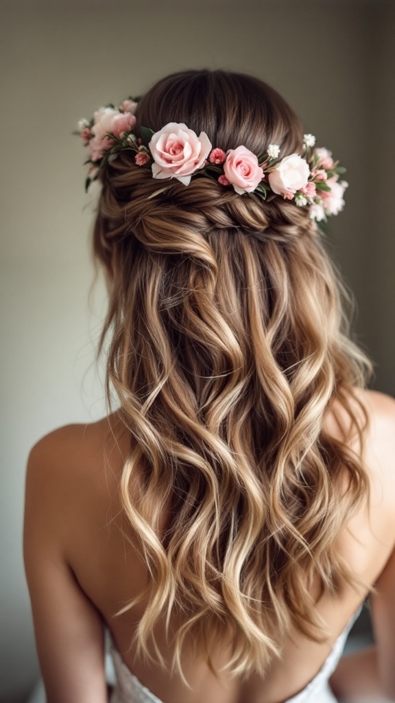 Half up half down bridesmaid hairstyle with curls and floral crown