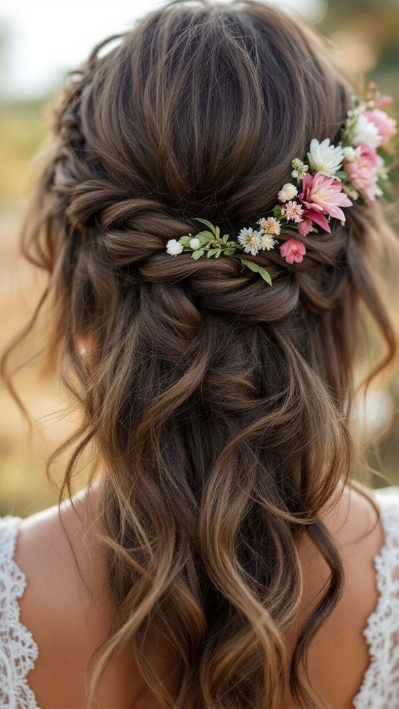 A woman from behind with long, wavy hair styled in a half-up loose braid, adorned with pink and white flowers.