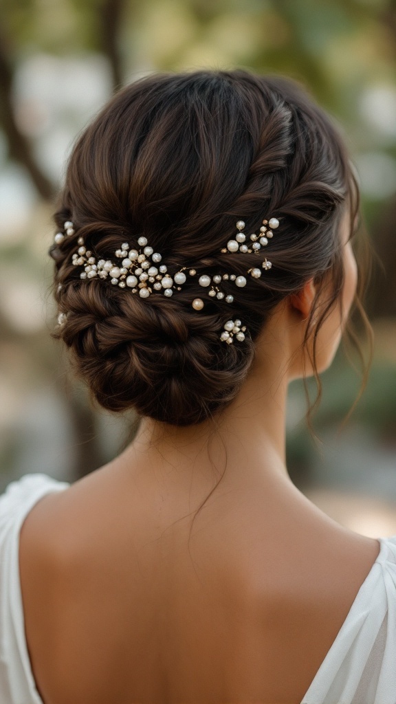 A close-up of a boho low bun hairstyle decorated with beaded hair threads.