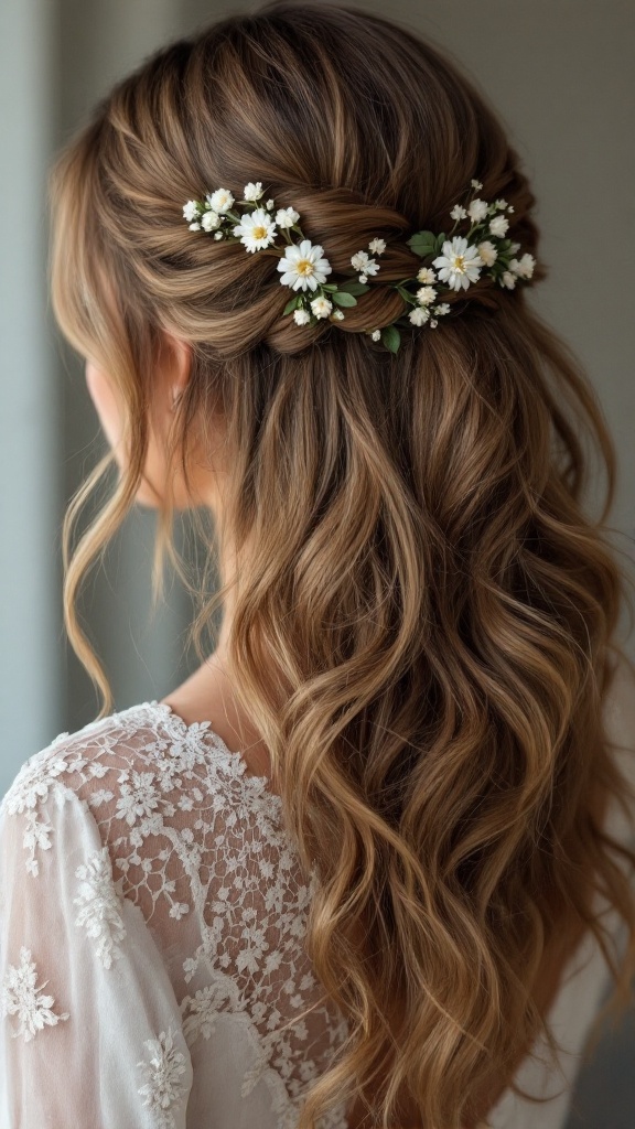 A woman with medium-length hair styled in boho waves, adorned with floral clips.