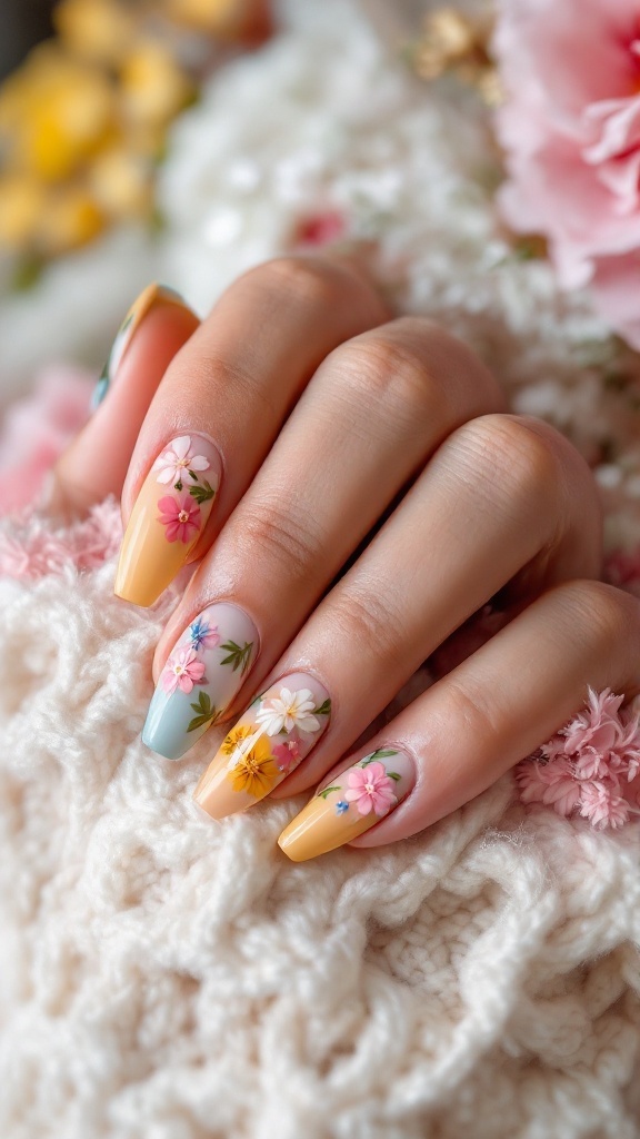 Nails with 3D floral designs, featuring white base with pink flowers