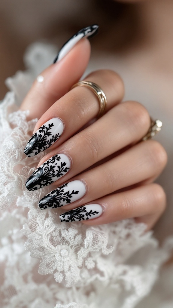 Wedding nails with black lace design on white base