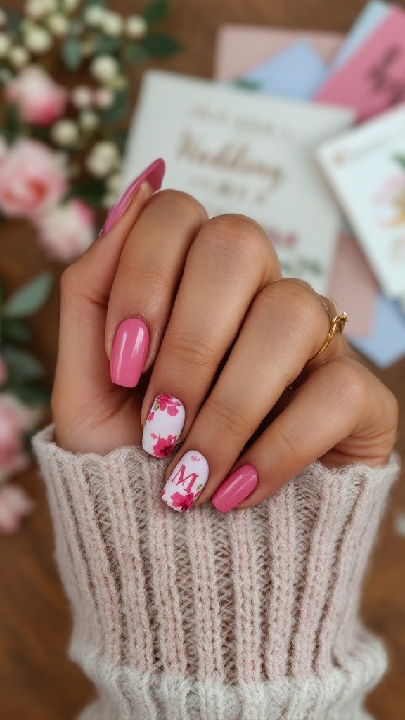 A close-up of wedding nails featuring bold pink colors and floral designs, with initials on one nail.