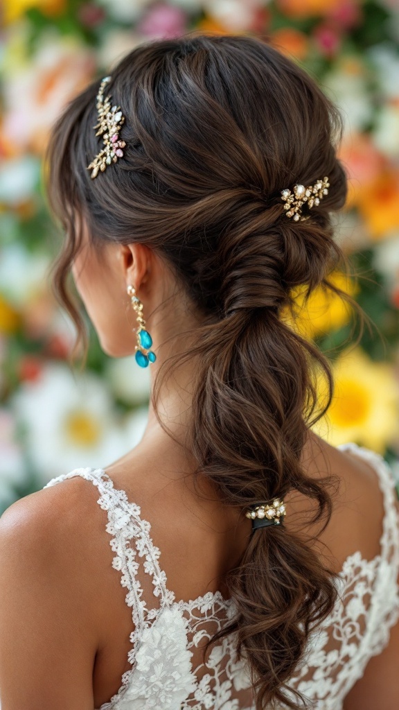 A stylish bride's maid hairstyle featuring a bold high ponytail adorned with statement accessories.