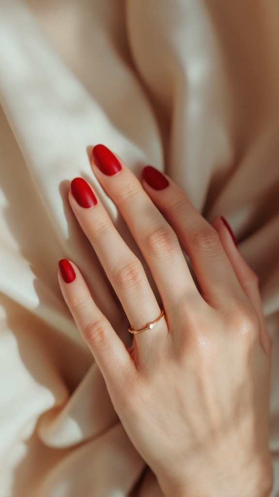 A hand with bold red matte nails resting on a soft fabric surface, adorned with a simple gold ring.