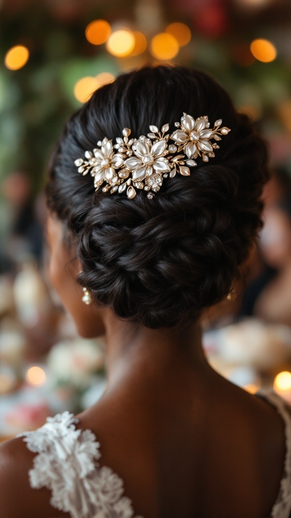 A woman with an elegant updo hairstyle adorned with a floral and pearl hairpiece, showcasing a chic and glamorous bridal look.