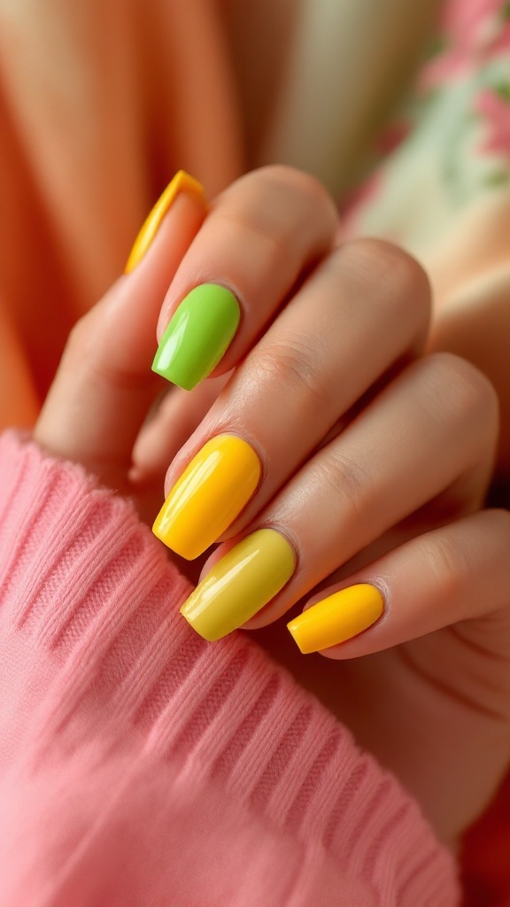 Nails painted in bold tropical colors - green, yellow, and orange.