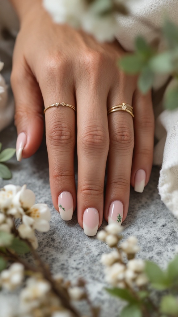 Close-up of hands with pale pink wedding nails featuring botanical elements, surrounded by greenery and flowers.