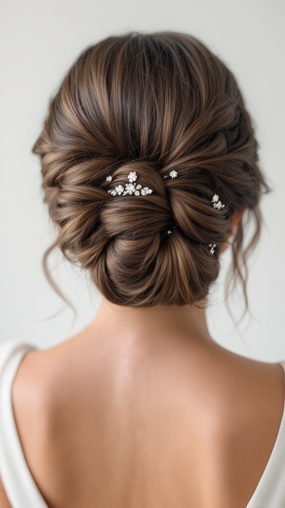 A braided chignon hairstyle with sparkling pins, showcasing an elegant and sophisticated look perfect for bridesmaids.