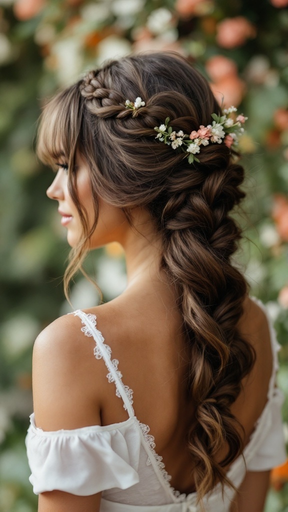 A young woman with a braided crown hairstyle and curtain bangs, adorned with small flowers.