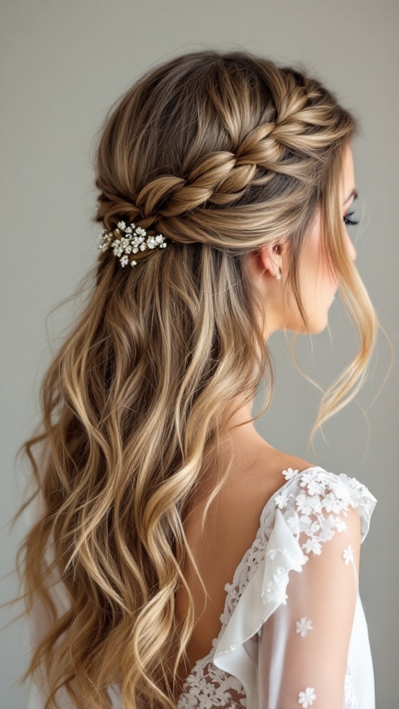 A side view of a junior bridesmaid hairstyle featuring a braided crown and loose waves, adorned with a decorative hair piece.