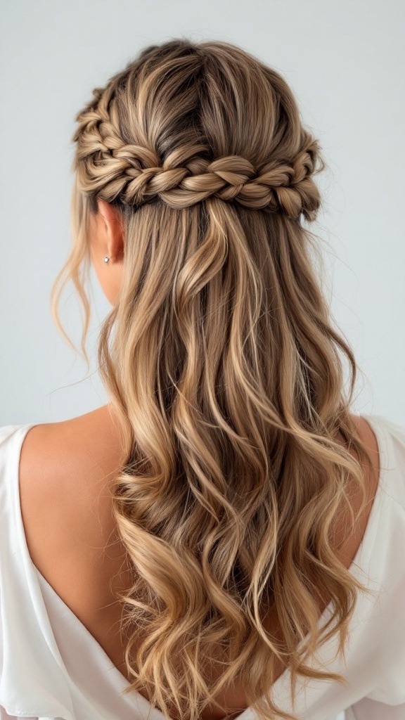 A hairstyle featuring a braided crown with soft curls cascading down.