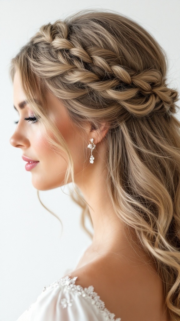 A side profile of a woman with a braided half-up hairstyle, showing loose curls and elegant earrings.
