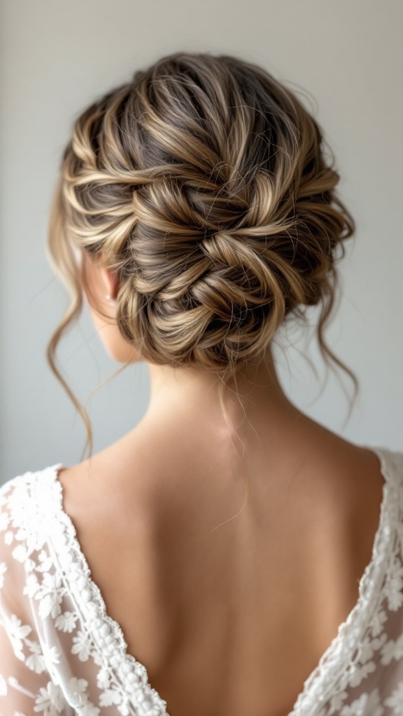 A beautiful braided twist hairstyle with romantic tendrils, showcasing a twisted bun with loose strands framing the face.