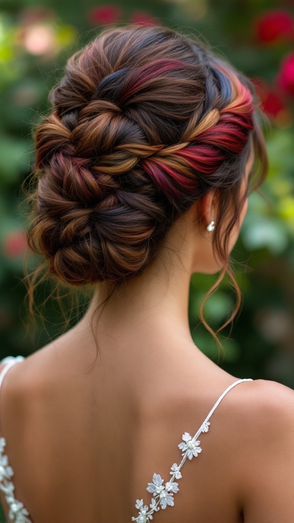 A junior bridesmaid with a braided updo featuring jewel tones of red and blue, styled elegantly with floral elements.