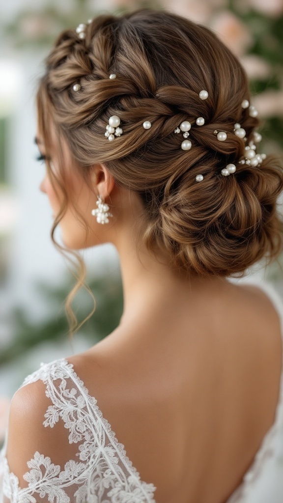 A beautiful braided updo hairstyle with pearls, styled elegantly for a wedding bridesmaid.