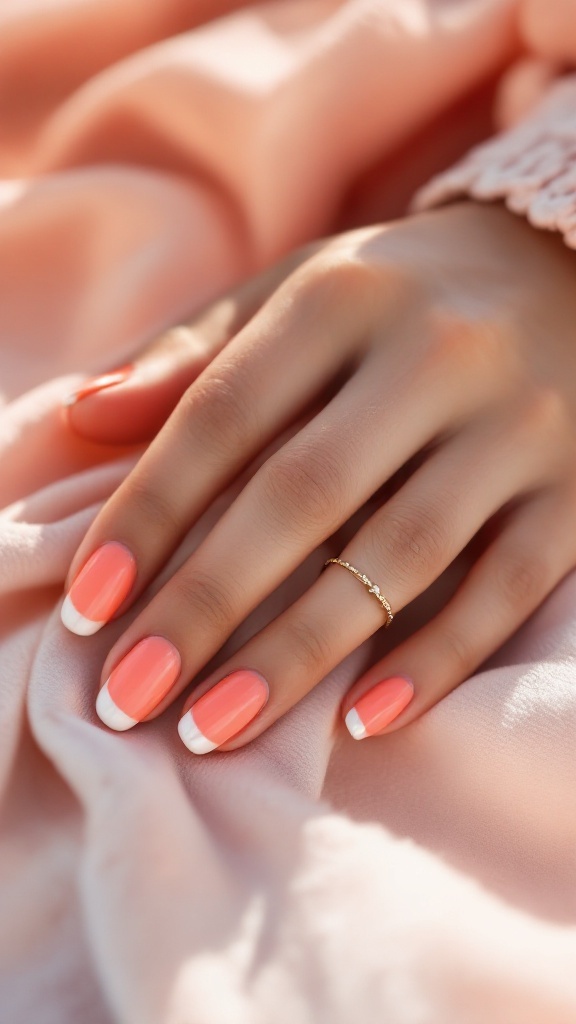 Bright coral nails with white tips on a hand resting on a soft fabric