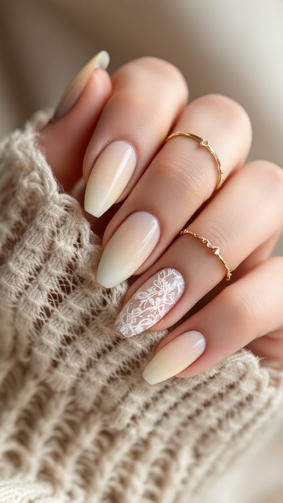 Nail design featuring a buttercup yellow to soft grey ombre with floral accents