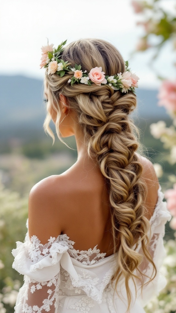 A woman with cascading braids adorned with a floral crown, showcasing a romantic hairstyle.