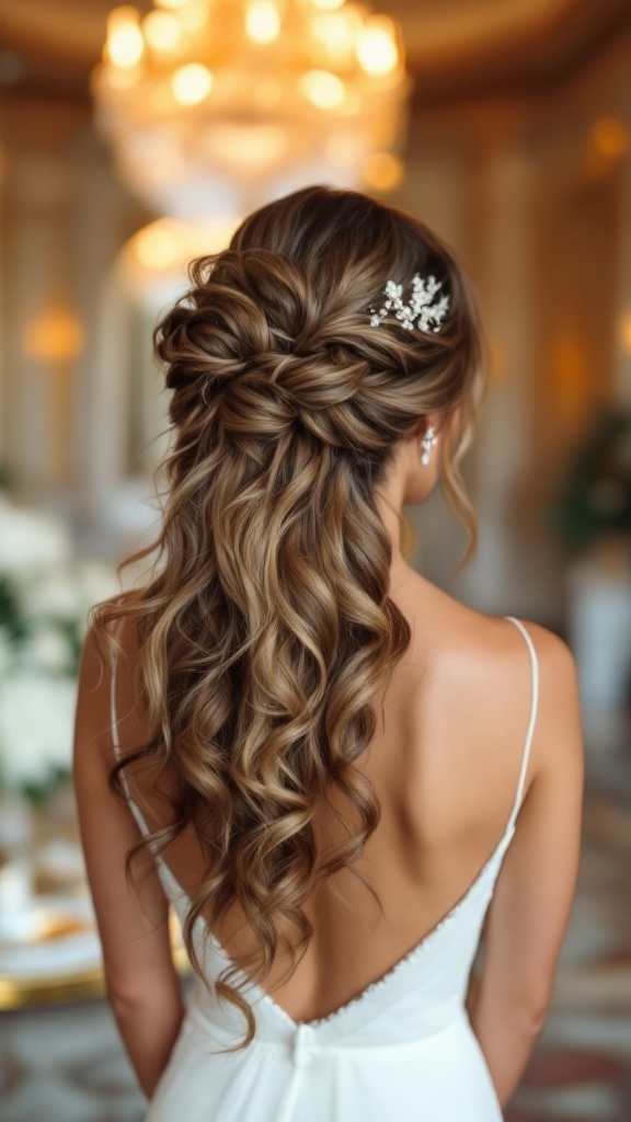 A bride with cascading curls styled elegantly, featuring a pin and soft waves.
