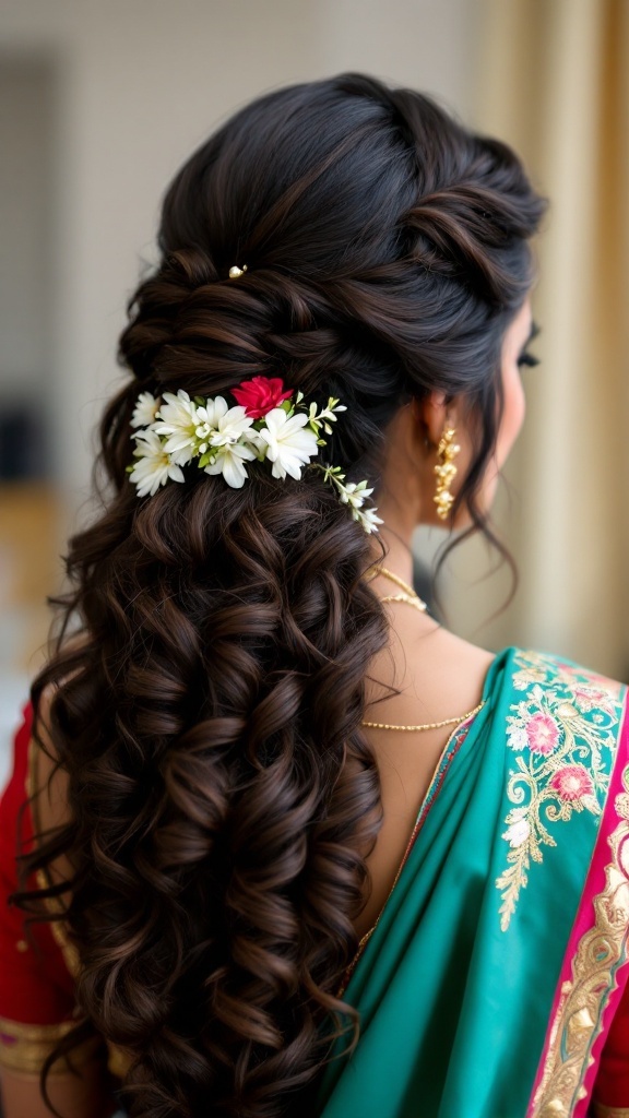 A bridesmaid hairstyle featuring cascading curls adorned with flowers and a dupatta