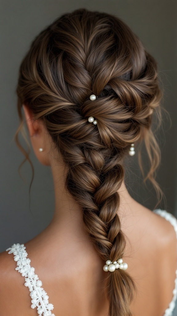 A cascading fishtail braid hairstyle adorned with pearls.