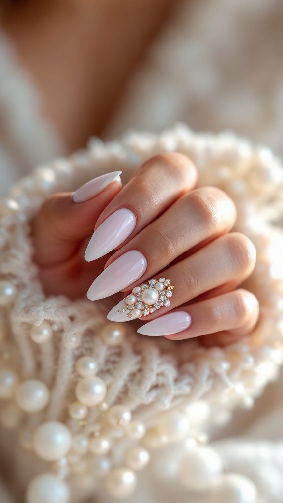 A close-up of elegant wedding nails featuring pale pink polish and a ring with pearls and gems.