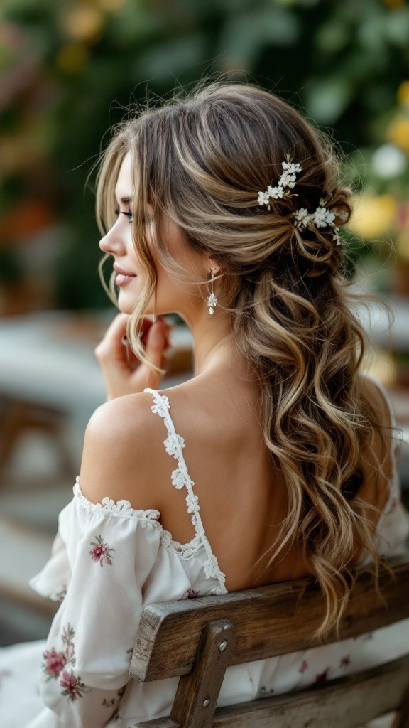 A woman with side-swept loose waves hairstyle, wearing floral attire, sitting outdoors.