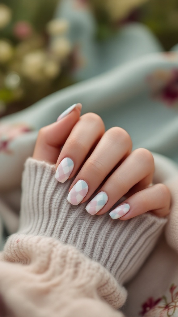 Pastel checkered wedding nails with a cozy sweater in the background