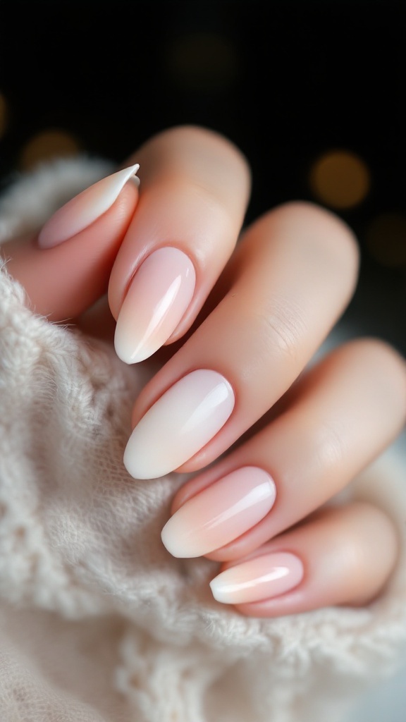 A beautiful ombre nail design suitable for Korean weddings, showcasing a gradient of colors with embellishments.