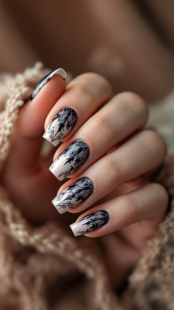 Close-up of hands with gothic wedding nails featuring vintage-inspired black patterns on a nude background.