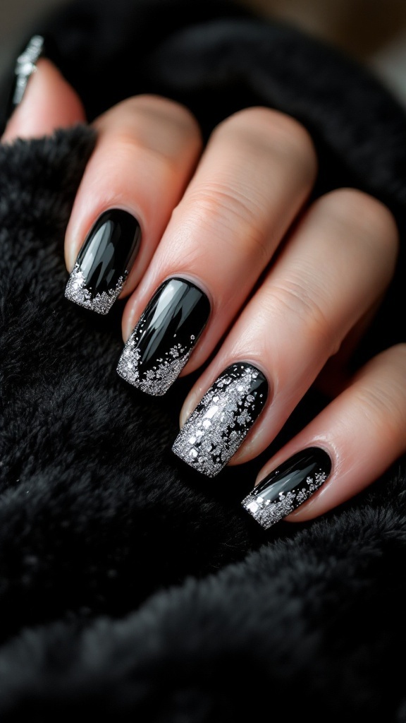 Chic black square nails with silver glitter accents, featuring a stylish hand with rings.
