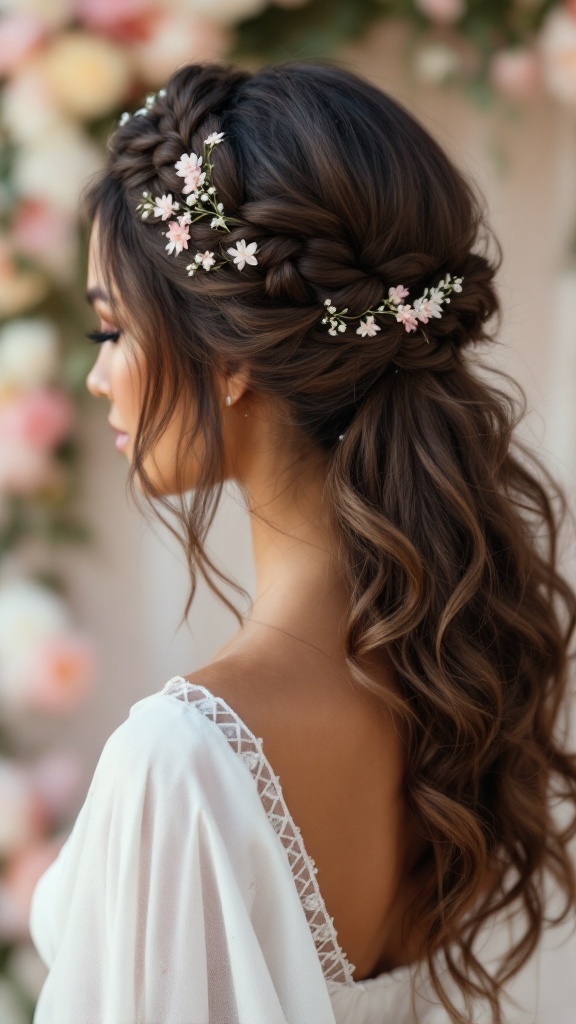 A bride's maid with a chic braided headband adorned with flowers