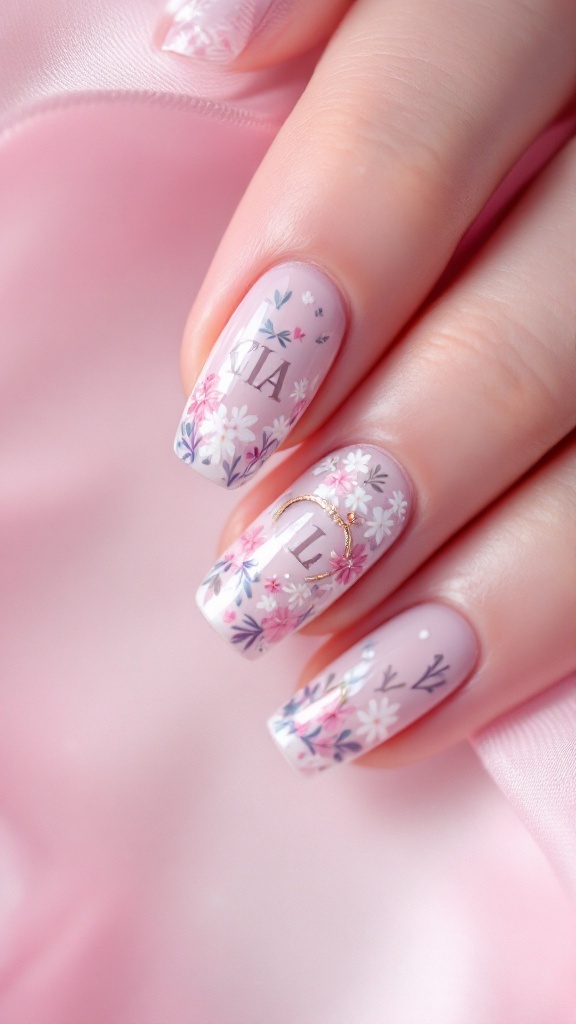 Elegant wedding nails with floral accents and initials on a soft pink background.