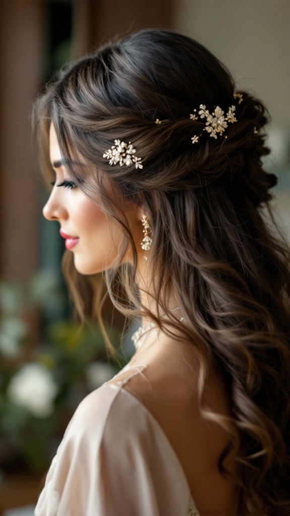 Half-up half-down hairstyle with floral hairpins