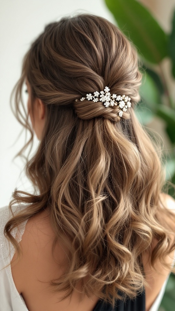 Chic half-up half-down hairstyle featuring soft waves and floral accessories