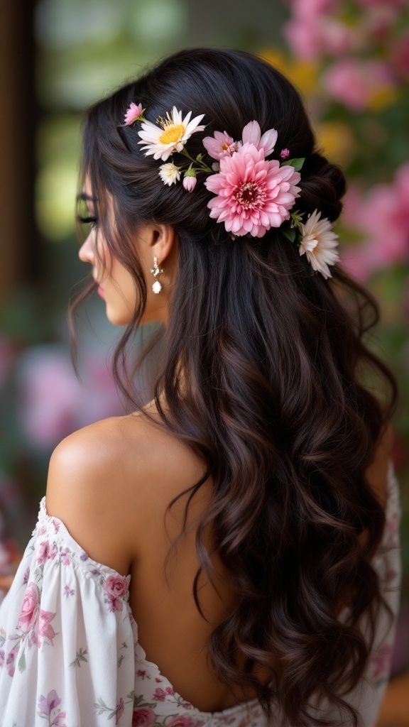 A woman with half-up half-down hairstyle adorned with flowers, in a floral dress.