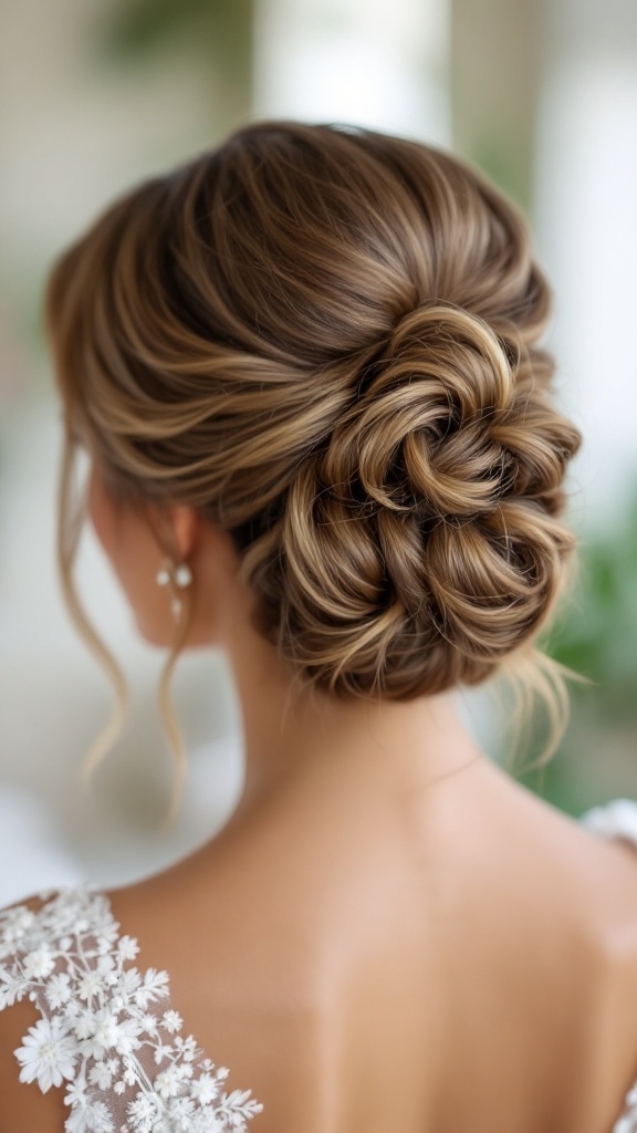 Half up half down bridesmaid hairstyle featuring soft curls and a chic bun.