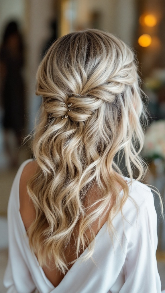Half-up half-down bridal hairstyle with waves and twists