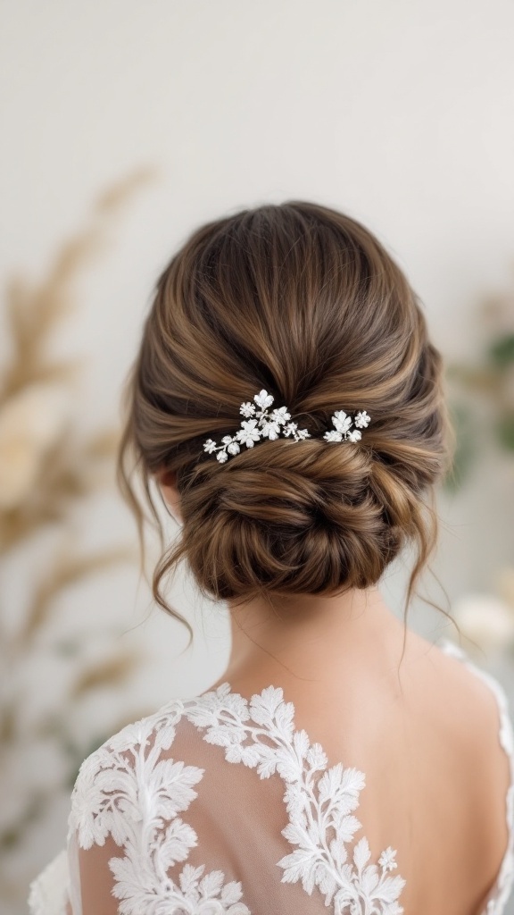 A chic low bun hairstyle adorned with delicate statement hair clips, featuring a romantic and elegant look.