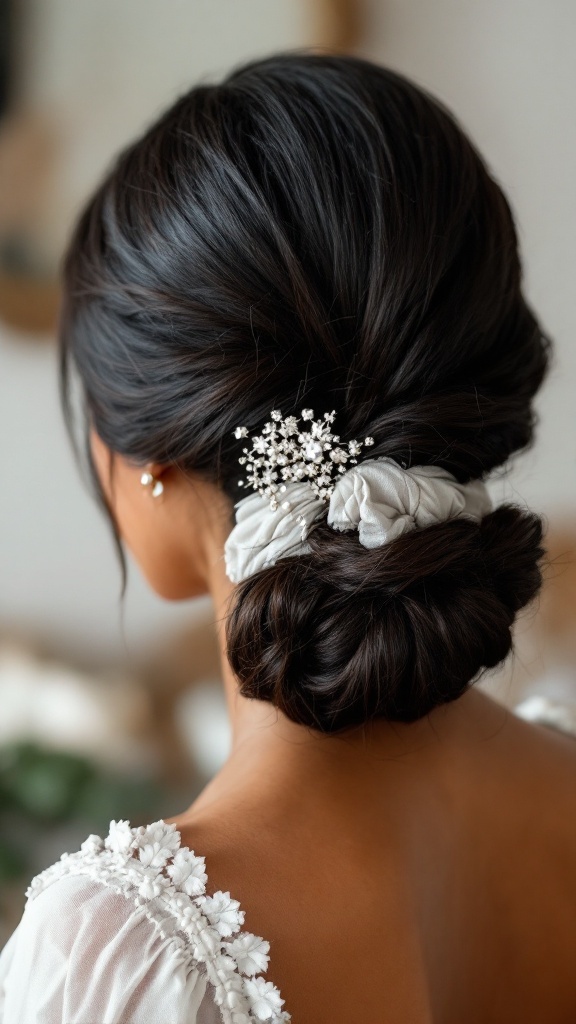 A low ponytail hairstyle with a fabric wrap and delicate hair accessories, styled for a bridesmaid.