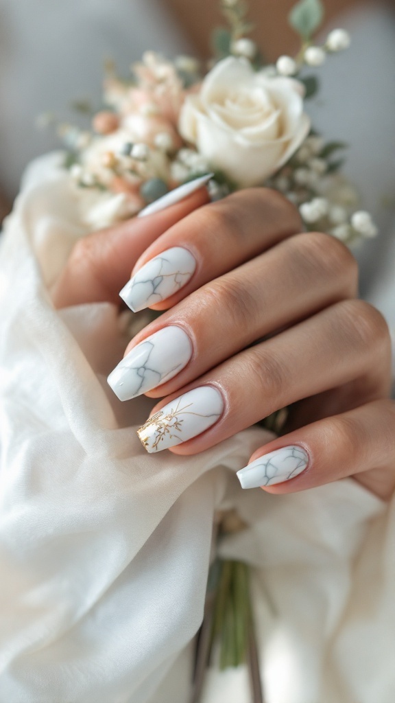 Wedding shower nails featuring a chic marble effect with white base and gray veining, complemented by a gold accent nail.