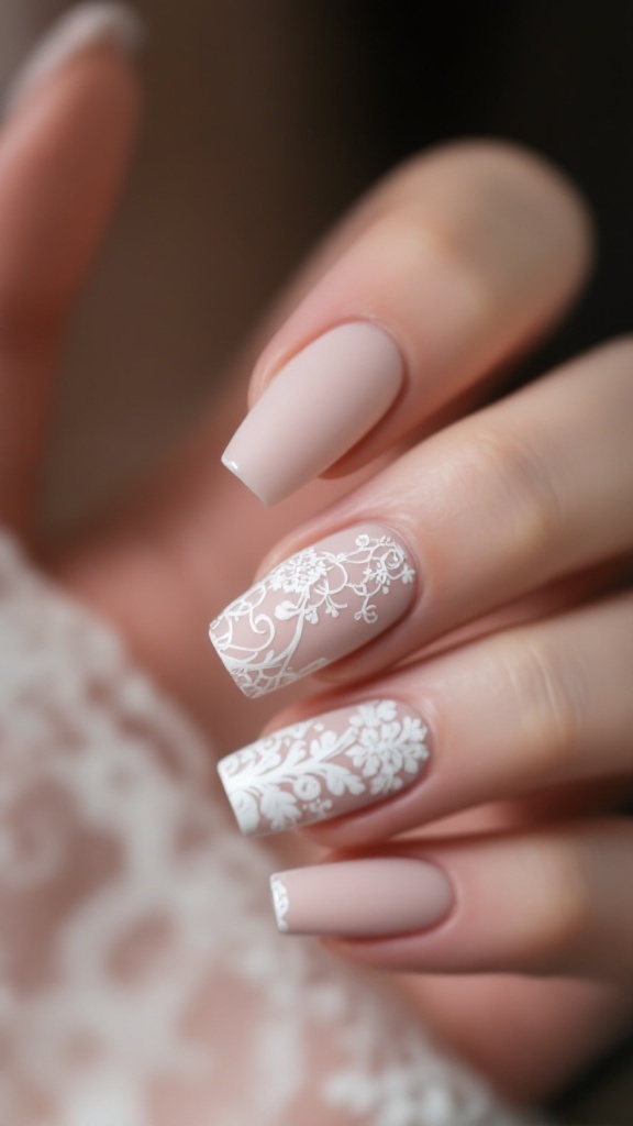 Elegant wedding nails with a chic matte lace finish featuring intricate floral designs.